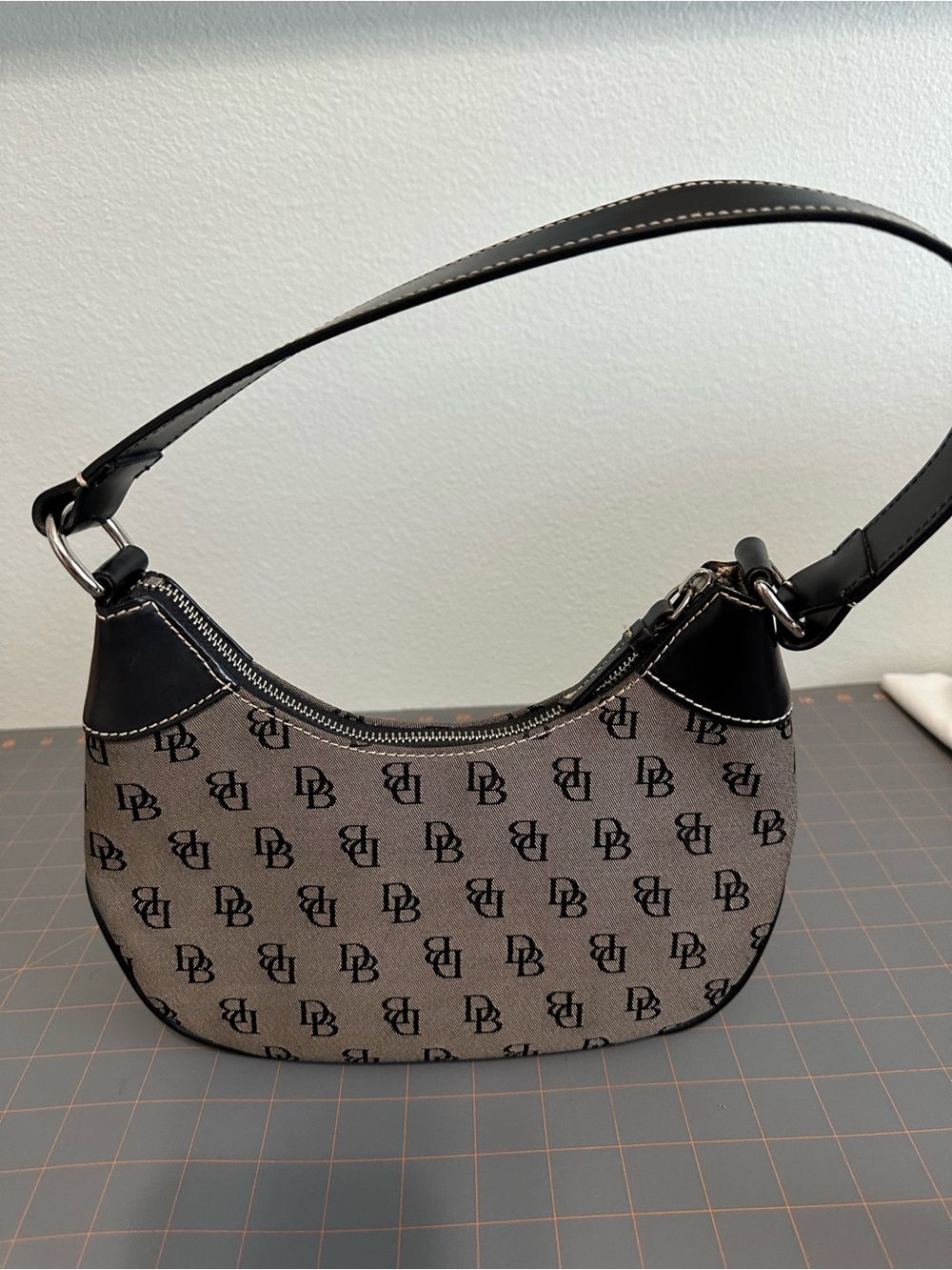 Dooney & Bourke Mini Hobo Monogram Crescent Shoulder Bag with leather trim